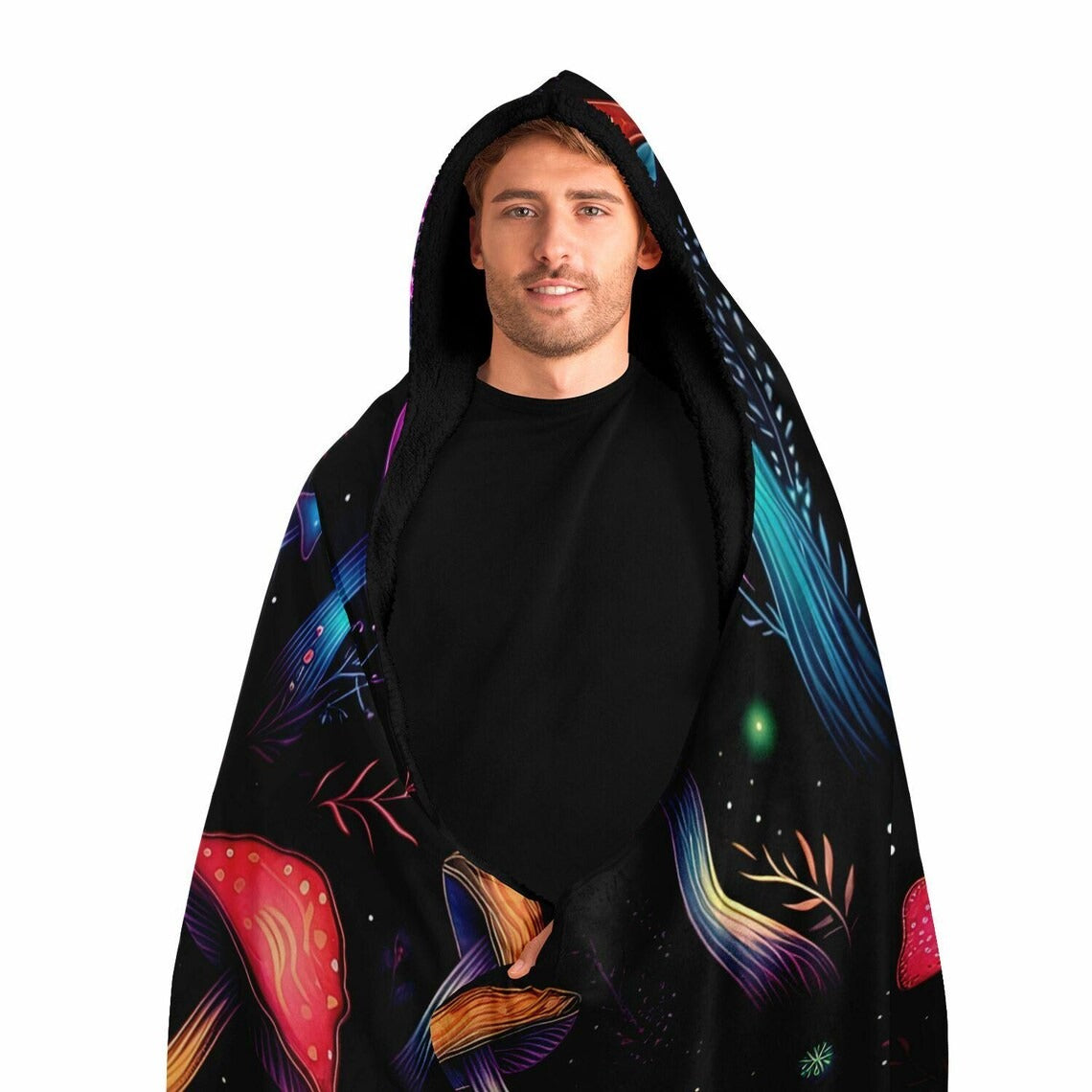 Colorful Neon Mushroom Hooded Blanket, Cozy Fungi Forest Throw, Soft Wearable Blanket for Nature Lovers, Fantasy Mushroom Art Gift. BLKAC63