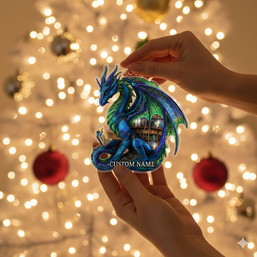 Personalized Dragon Ornament, Custom Name Fantasy Christmas Decoration, Book Dragon Flat 2D Gift for Readers