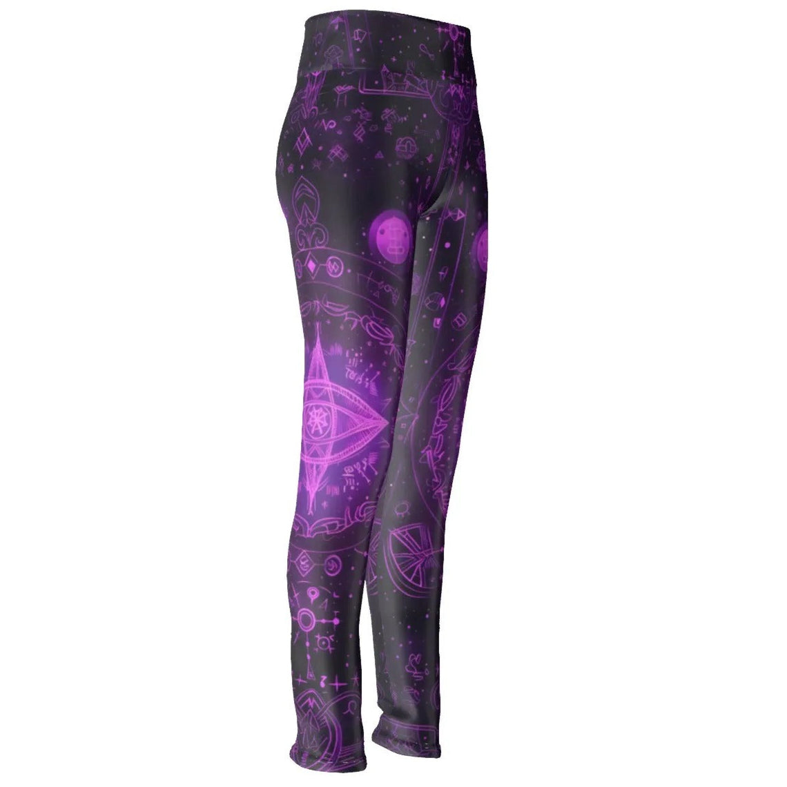 Mystical Fantasy Leggings, Women’s Purple Magic Sigil Yoga Pants with Witchy Symbols & Cosmic Energy Design