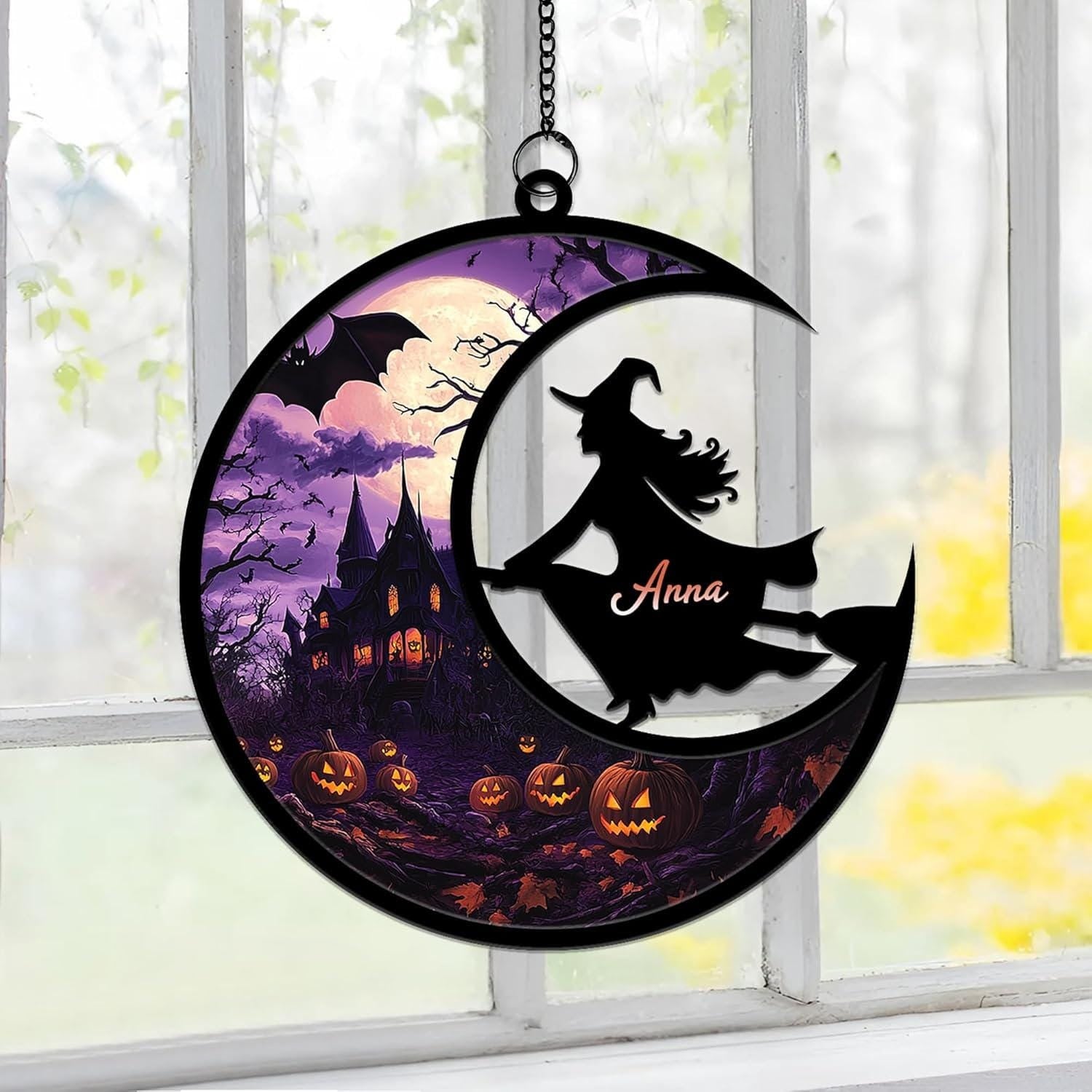 Personalized Halloween Witch Suncatcher, Custom Name Flying Witch Window Ornament with Haunted House & Pumpkins, Spooky Fall Decor