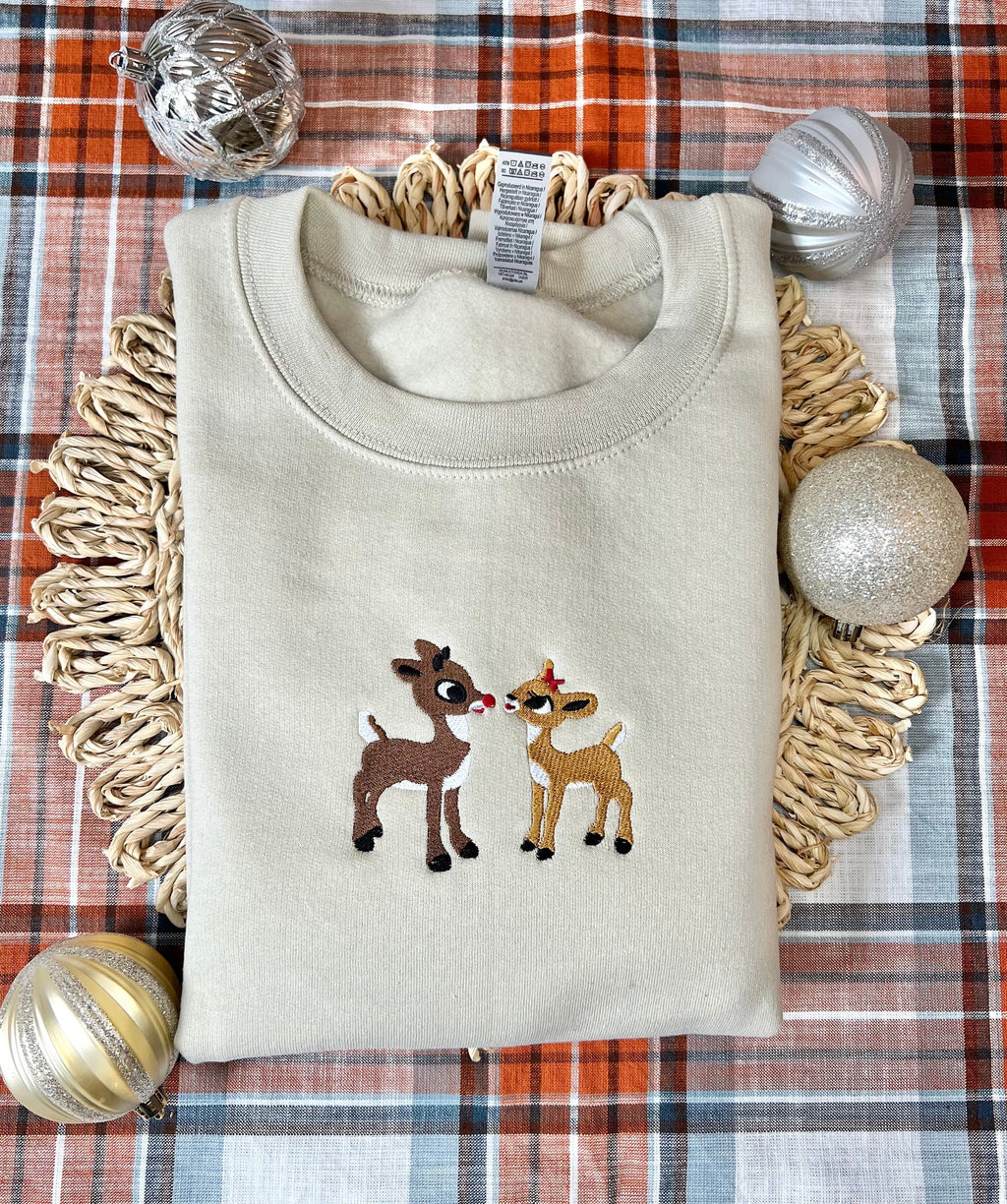 Christmas Embroidered Sweatshirt, Retro Reindeer Design, Rudolph The Red Nose Reindeer and Clarice, Fall Embroidered Sweatshirt. EBAC58