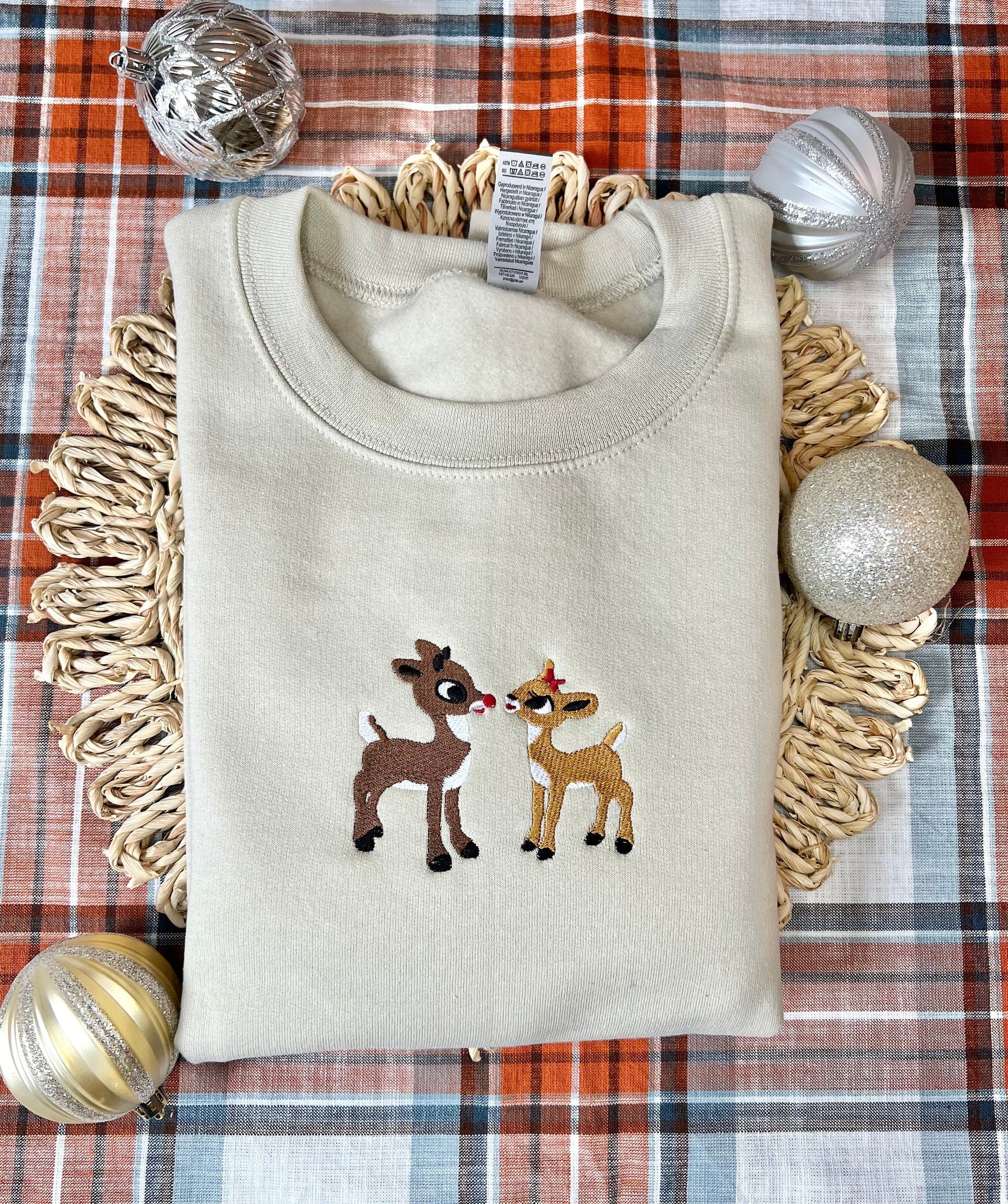 Christmas Embroidered Sweatshirt, Retro Reindeer Design, Rudolph The Red Nose Reindeer and Clarice, Fall Embroidered Sweatshirt. EBAC58