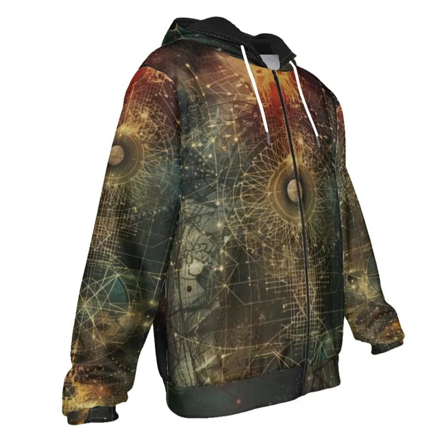 Celestial Alchemy Zip Hoodie – Sacred Geometry Jacket with Cosmic Energy Design for Starseeds & Spiritual Souls