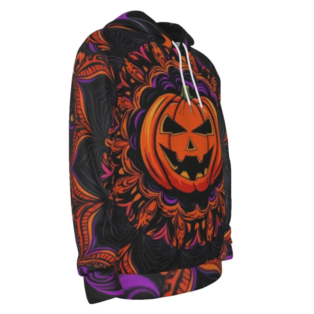 Pumpkin Mandala Magic Hoodie, Halloween Jack-o’-Lantern Sweatshirt, Spooky Mandala Art Top, Gothic Fall Apparel
