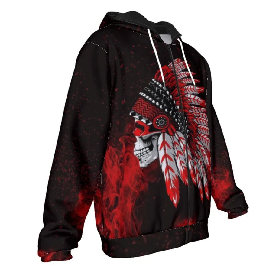 Native American Skull Zip Hoodie, Red Feather Headdress Jacket, Tribal Gothic Hooded Sweatshirt, Red Smoke Graphic Zip-Up, Warrior Biker Style