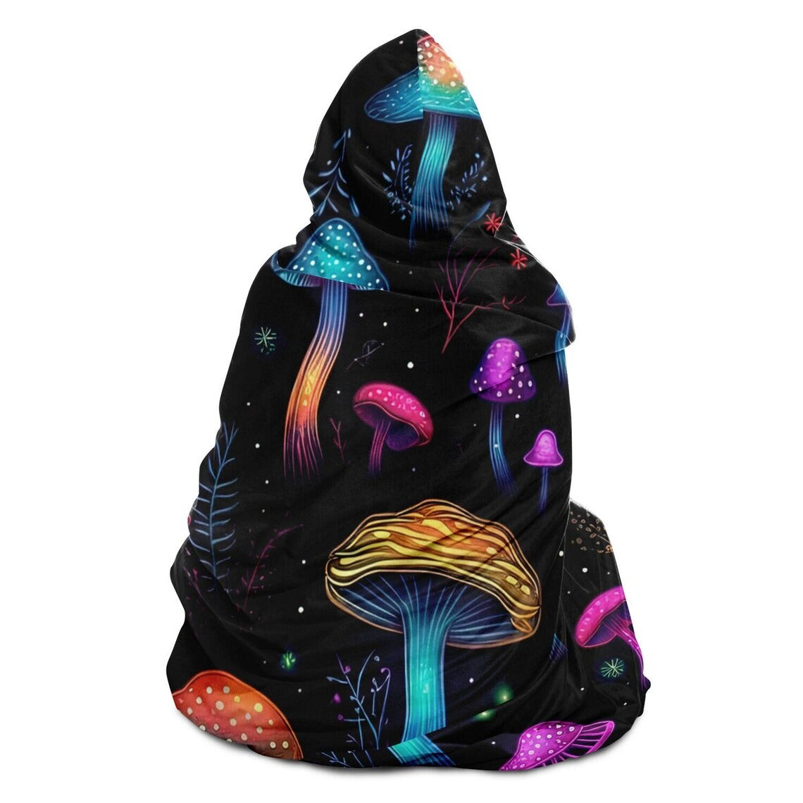 Colorful Neon Mushroom Hooded Blanket, Cozy Fungi Forest Throw, Soft Wearable Blanket for Nature Lovers, Fantasy Mushroom Art Gift. BLKAC63