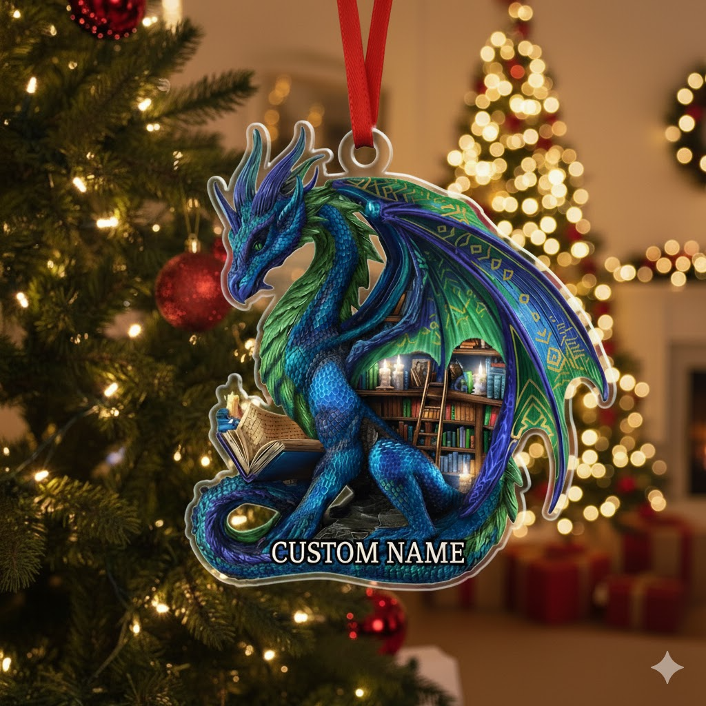 Personalized Dragon Ornament, Custom Name Fantasy Christmas Decoration, Book Dragon Flat 2D Gift for Readers