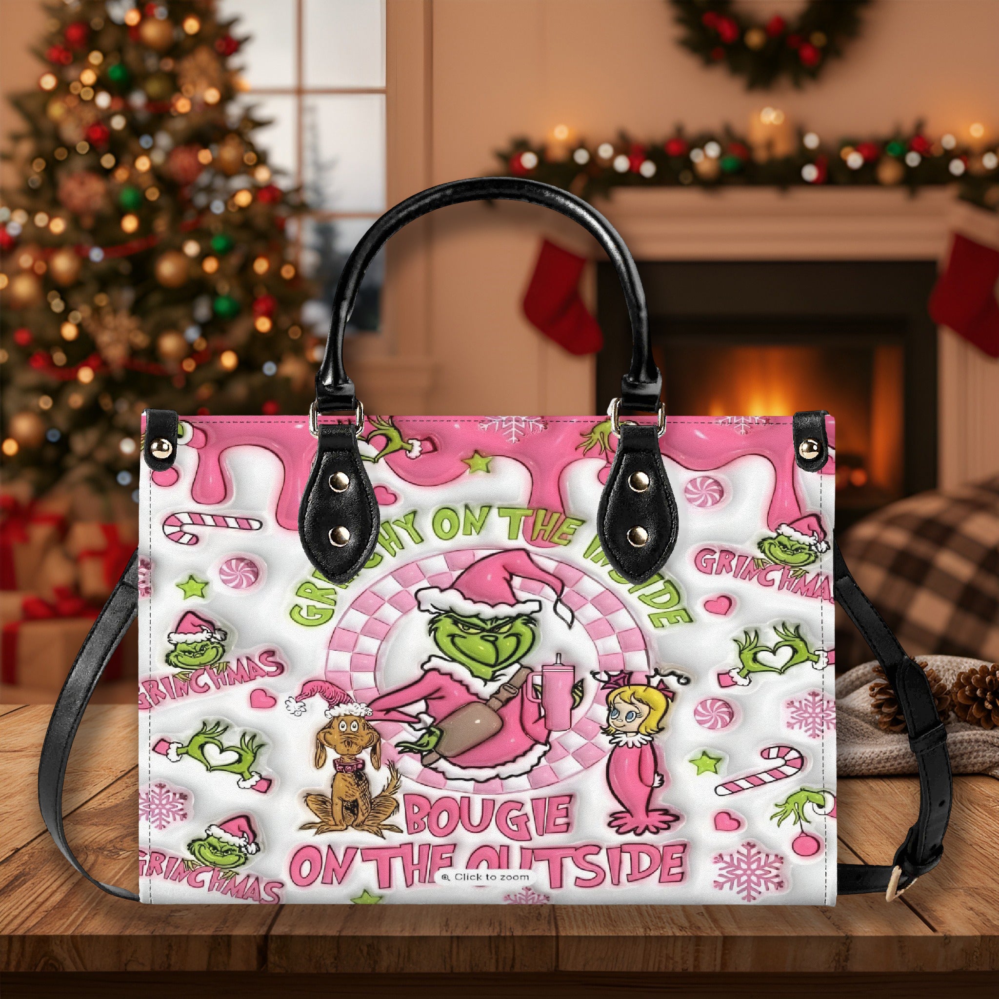 Pink Christmas Handbag, Cute Holiday Tote Bag, Festive Cartoon Purse, Winter Seasonal Shoulder Bag Gift