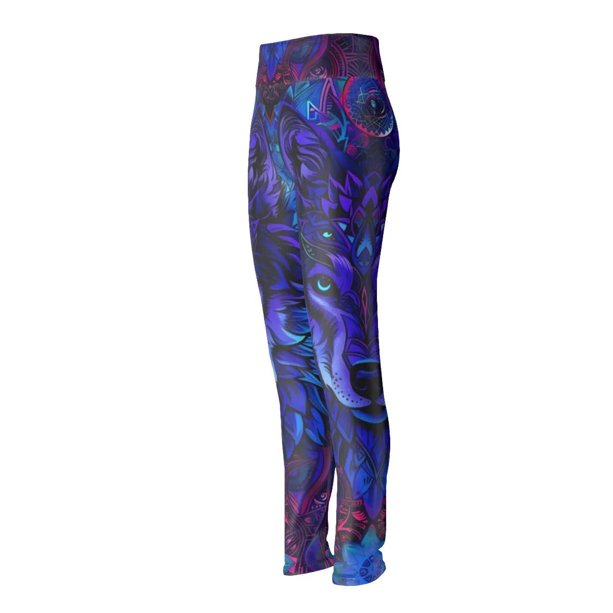 Wolf Mandala High Waist Leggings for Women, Tribal Spirit Animal Yoga Pants with Blue Violet Geometric Wolf Design