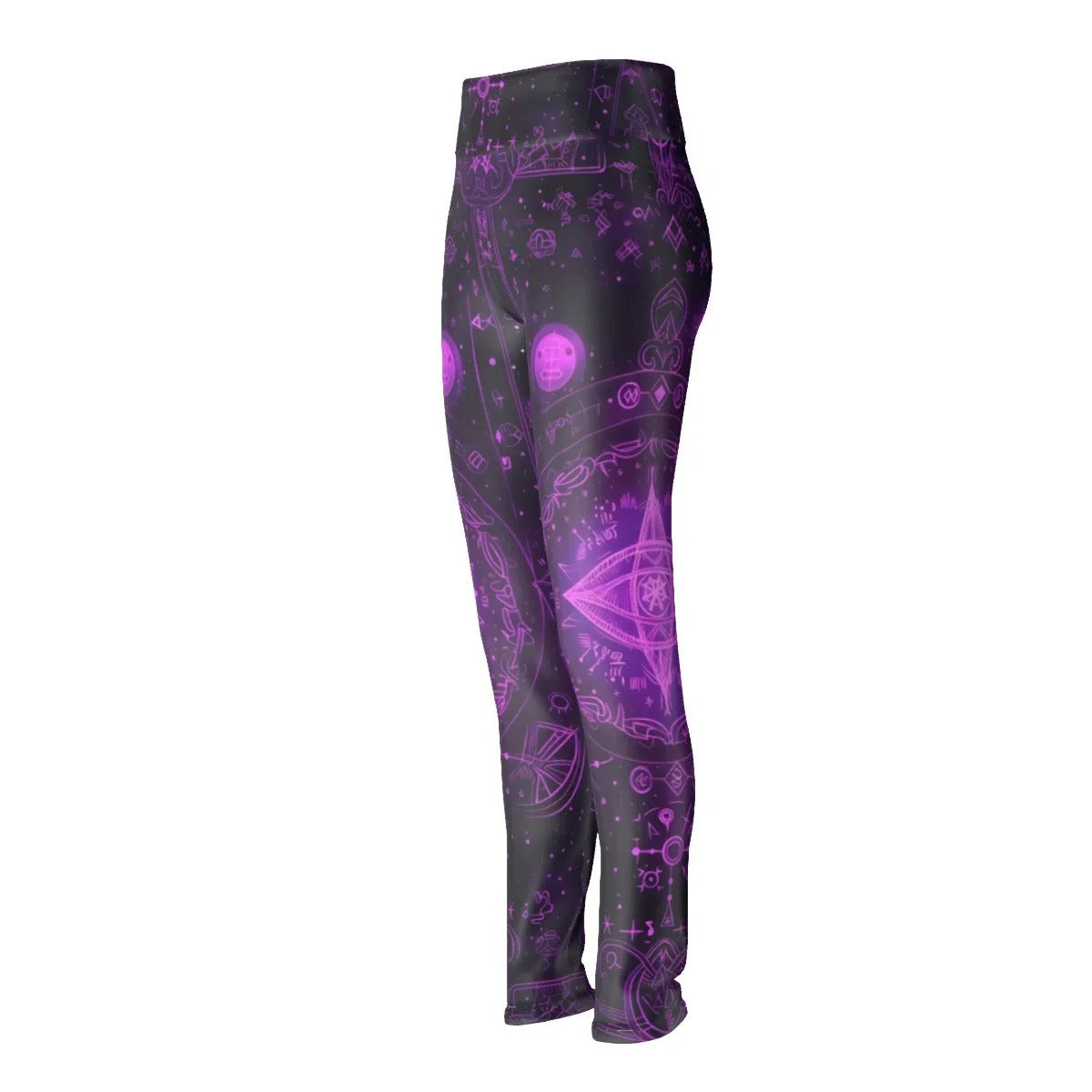 Mystical Fantasy Leggings, Women’s Purple Magic Sigil Yoga Pants with Witchy Symbols & Cosmic Energy Design