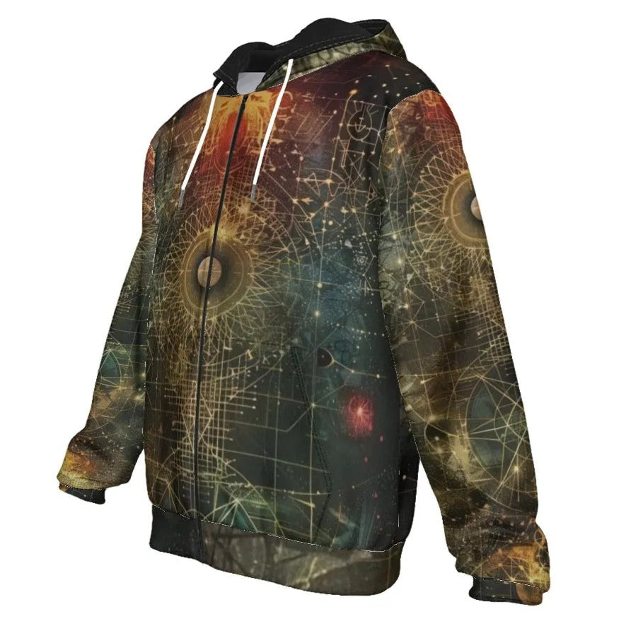 Celestial Alchemy Zip Hoodie – Sacred Geometry Jacket with Cosmic Energy Design for Starseeds & Spiritual Souls