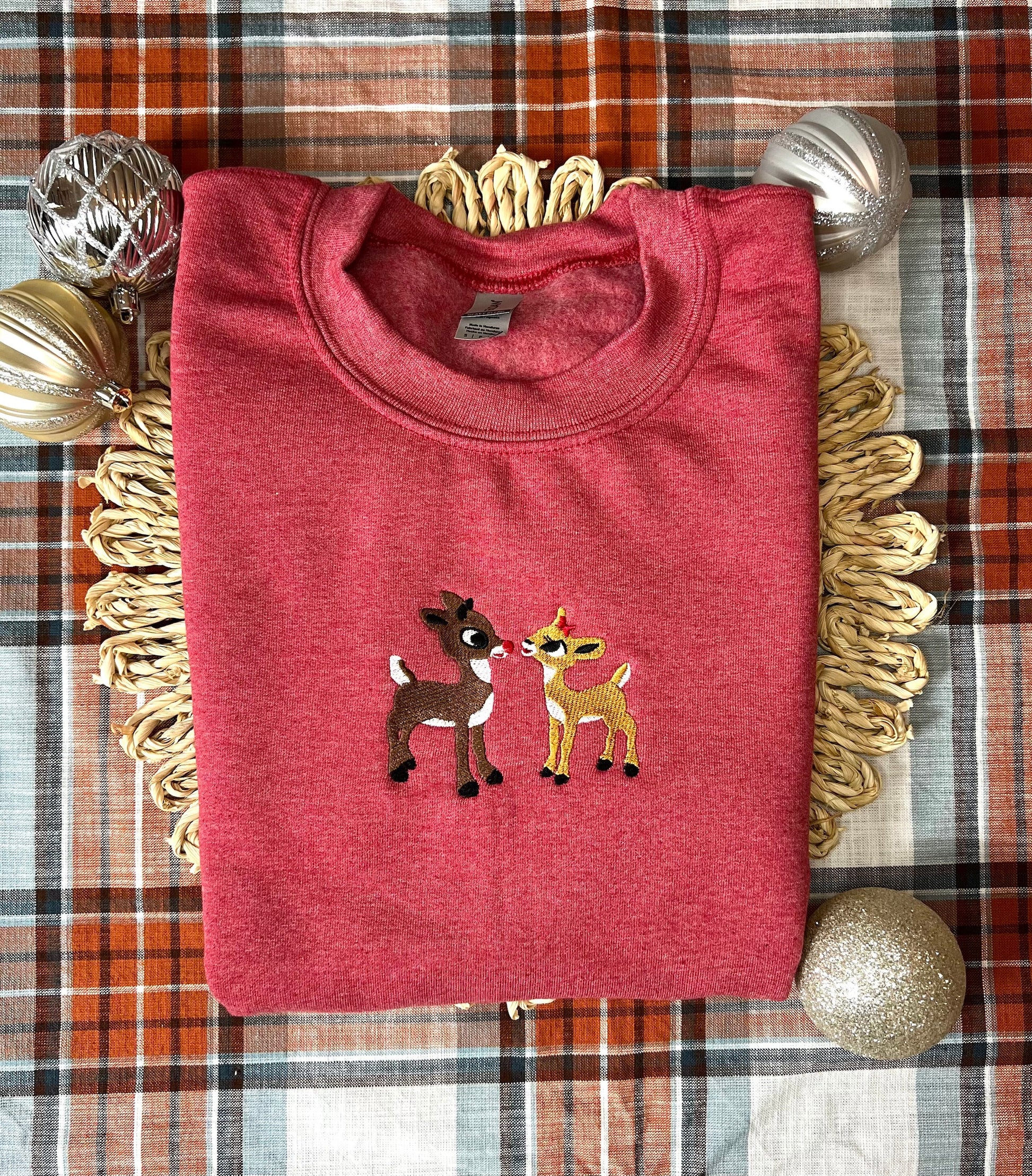 Christmas Embroidered Sweatshirt, Retro Reindeer Design, Rudolph The Red Nose Reindeer and Clarice, Fall Embroidered Sweatshirt. EBAC58