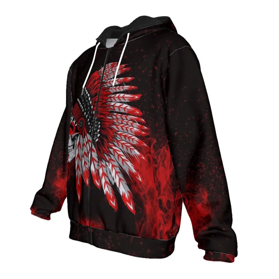Native American Skull Zip Hoodie, Red Feather Headdress Jacket, Tribal Gothic Hooded Sweatshirt, Red Smoke Graphic Zip-Up, Warrior Biker Style