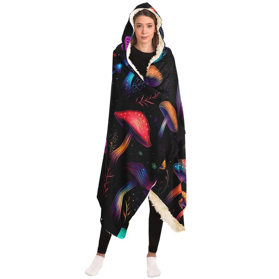 Colorful Neon Mushroom Hooded Blanket, Cozy Fungi Forest Throw, Soft Wearable Blanket for Nature Lovers, Fantasy Mushroom Art Gift. BLKAC63
