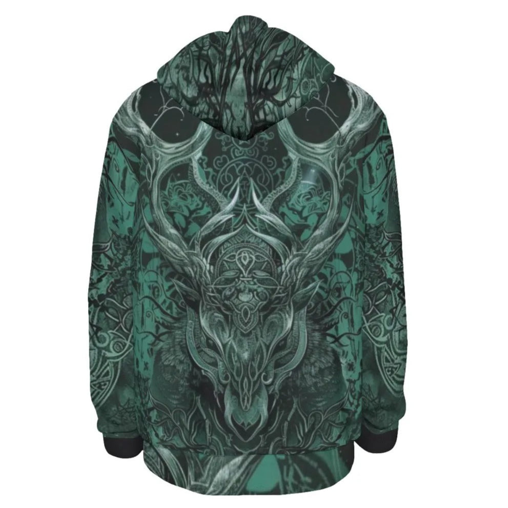 Viking Hoodie with Antler Design, Norse Mythology Inspired Hooded Sweatshirt, Tribal Graphic Winter Wear, Medieval Fantasy Clothing