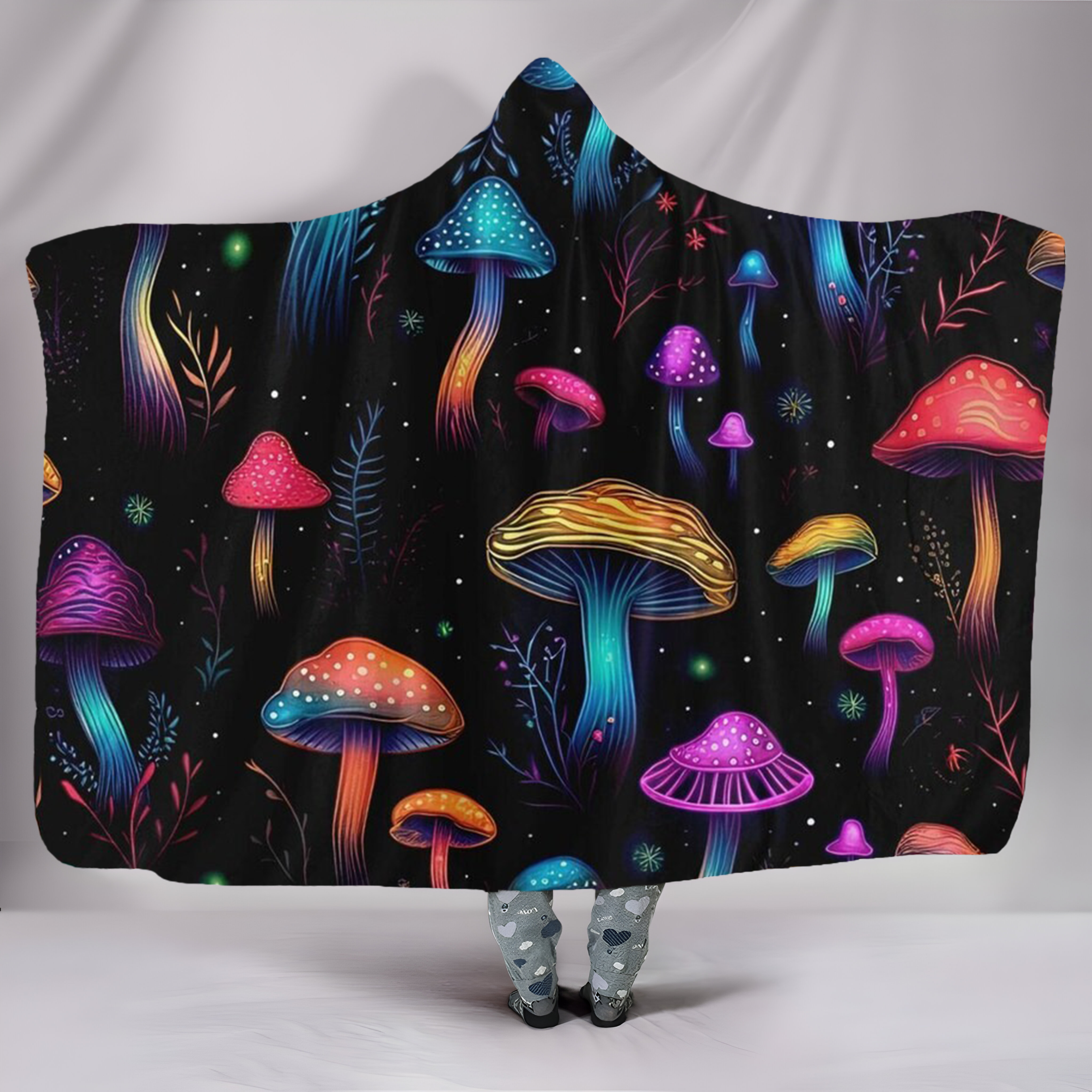 Colorful Neon Mushroom Hooded Blanket, Cozy Fungi Forest Throw, Soft Wearable Blanket for Nature Lovers, Fantasy Mushroom Art Gift. BLKAC63