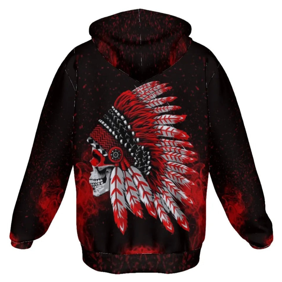 Native American Skull Zip Hoodie, Red Feather Headdress Jacket, Tribal Gothic Hooded Sweatshirt, Red Smoke Graphic Zip-Up, Warrior Biker Style