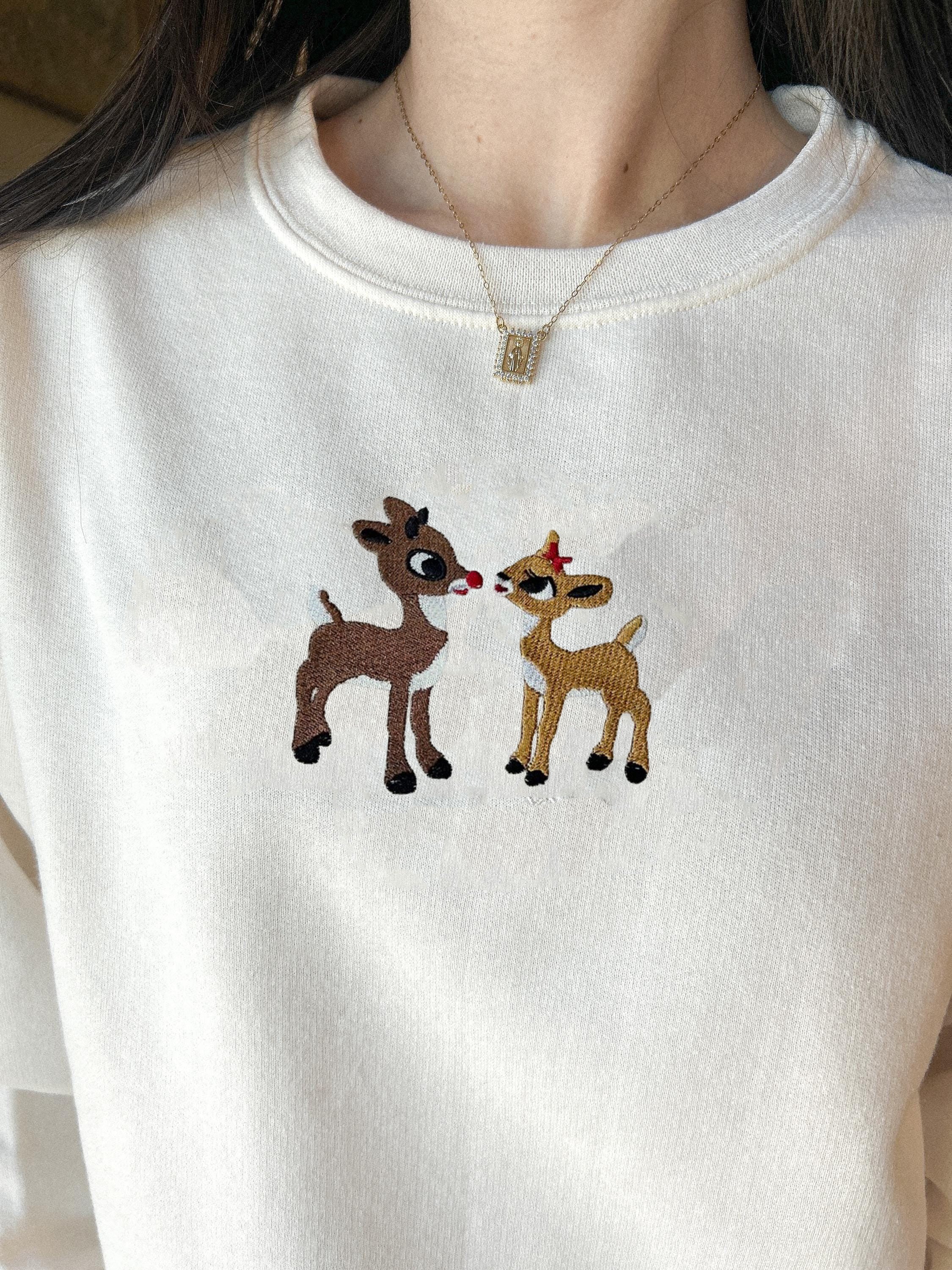 Christmas Embroidered Sweatshirt, Retro Reindeer Design, Rudolph The Red Nose Reindeer and Clarice, Fall Embroidered Sweatshirt. EBAC58
