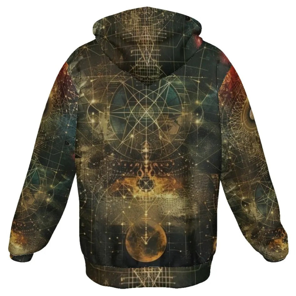 Celestial Alchemy Zip Hoodie – Sacred Geometry Jacket with Cosmic Energy Design for Starseeds & Spiritual Souls
