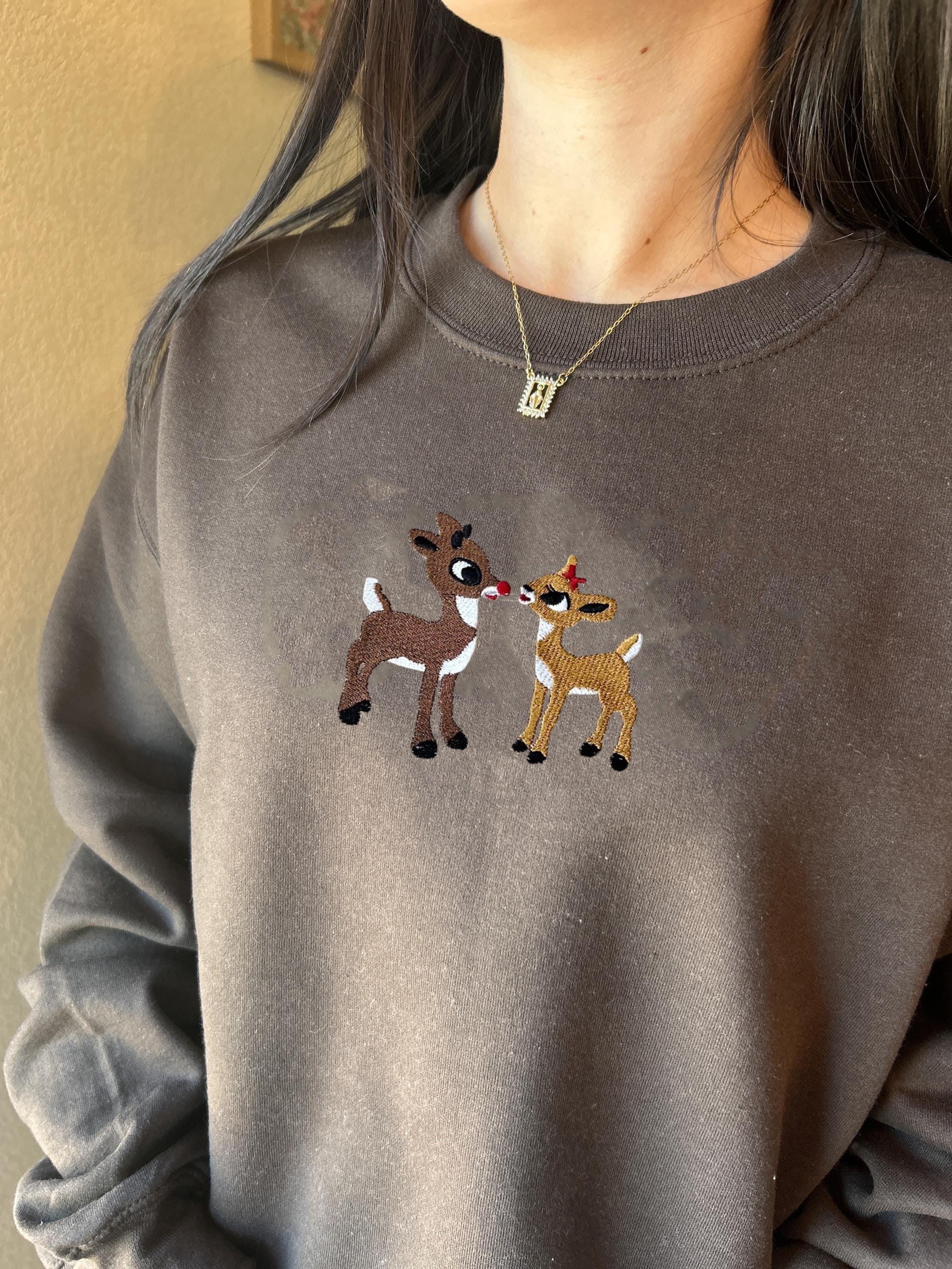 Christmas Embroidered Sweatshirt, Retro Reindeer Design, Rudolph The Red Nose Reindeer and Clarice, Fall Embroidered Sweatshirt. EBAC58
