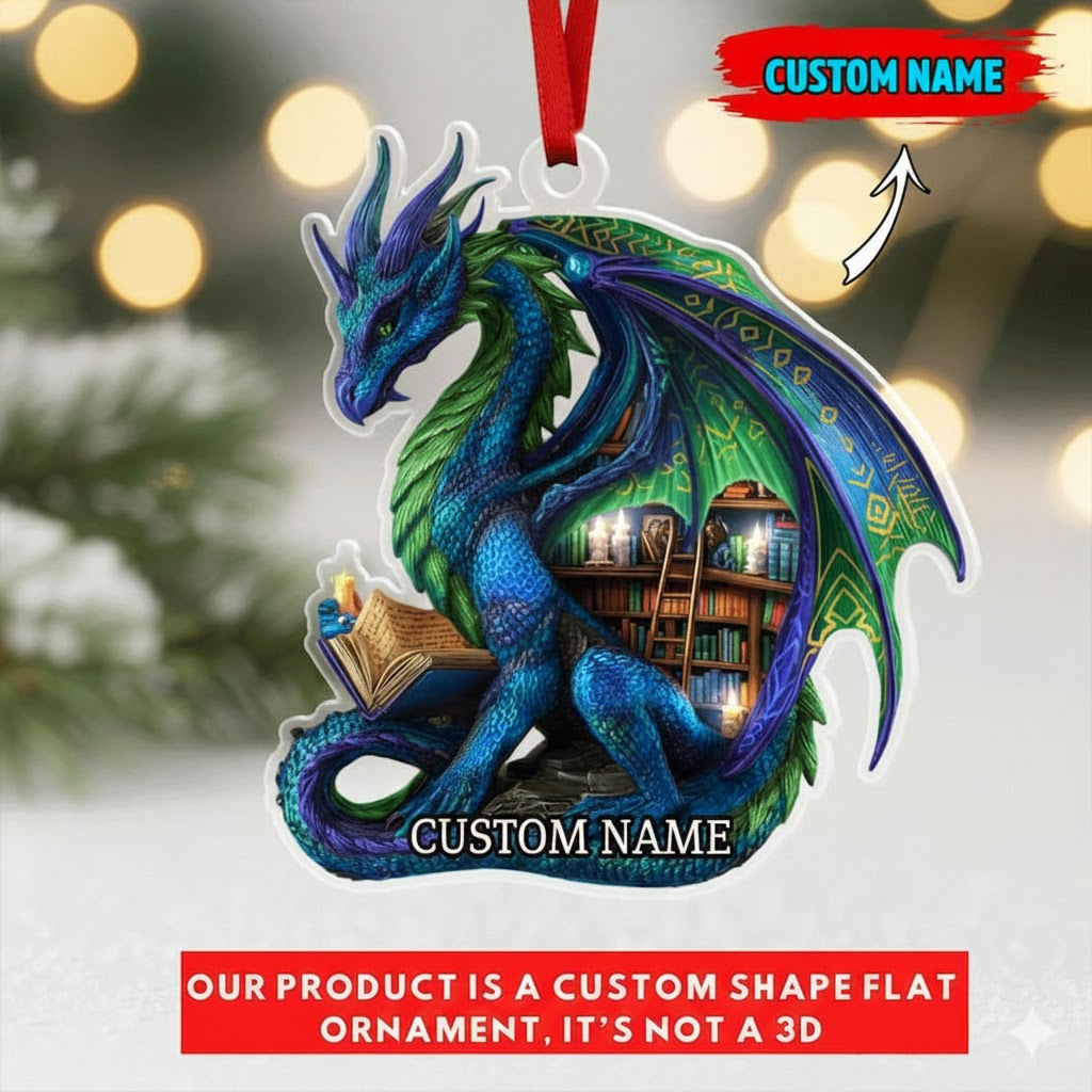 Personalized Dragon Ornament, Custom Name Fantasy Christmas Decoration, Book Dragon Flat 2D Gift for Readers