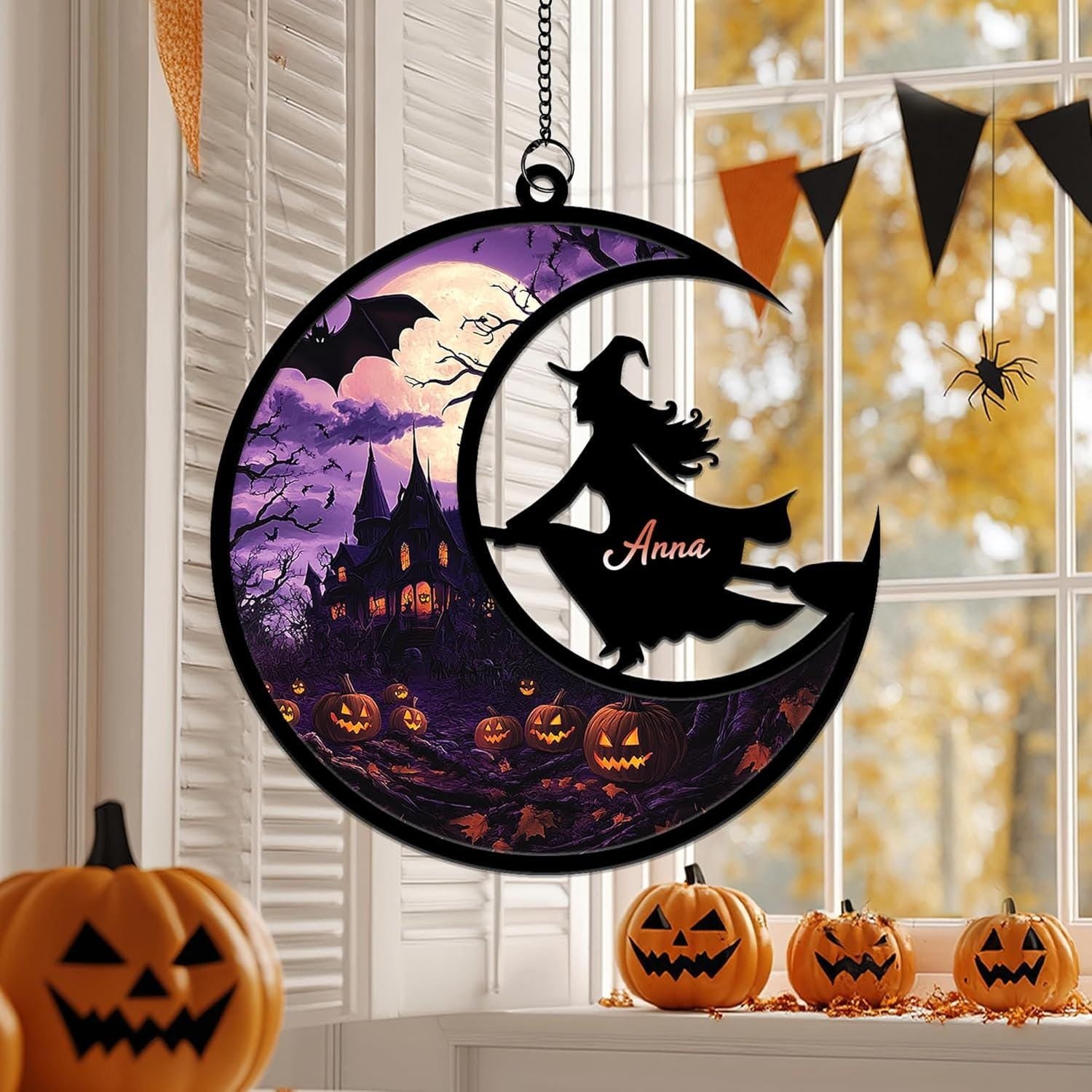 Personalized Halloween Witch Suncatcher, Custom Name Flying Witch Window Ornament with Haunted House & Pumpkins, Spooky Fall Decor