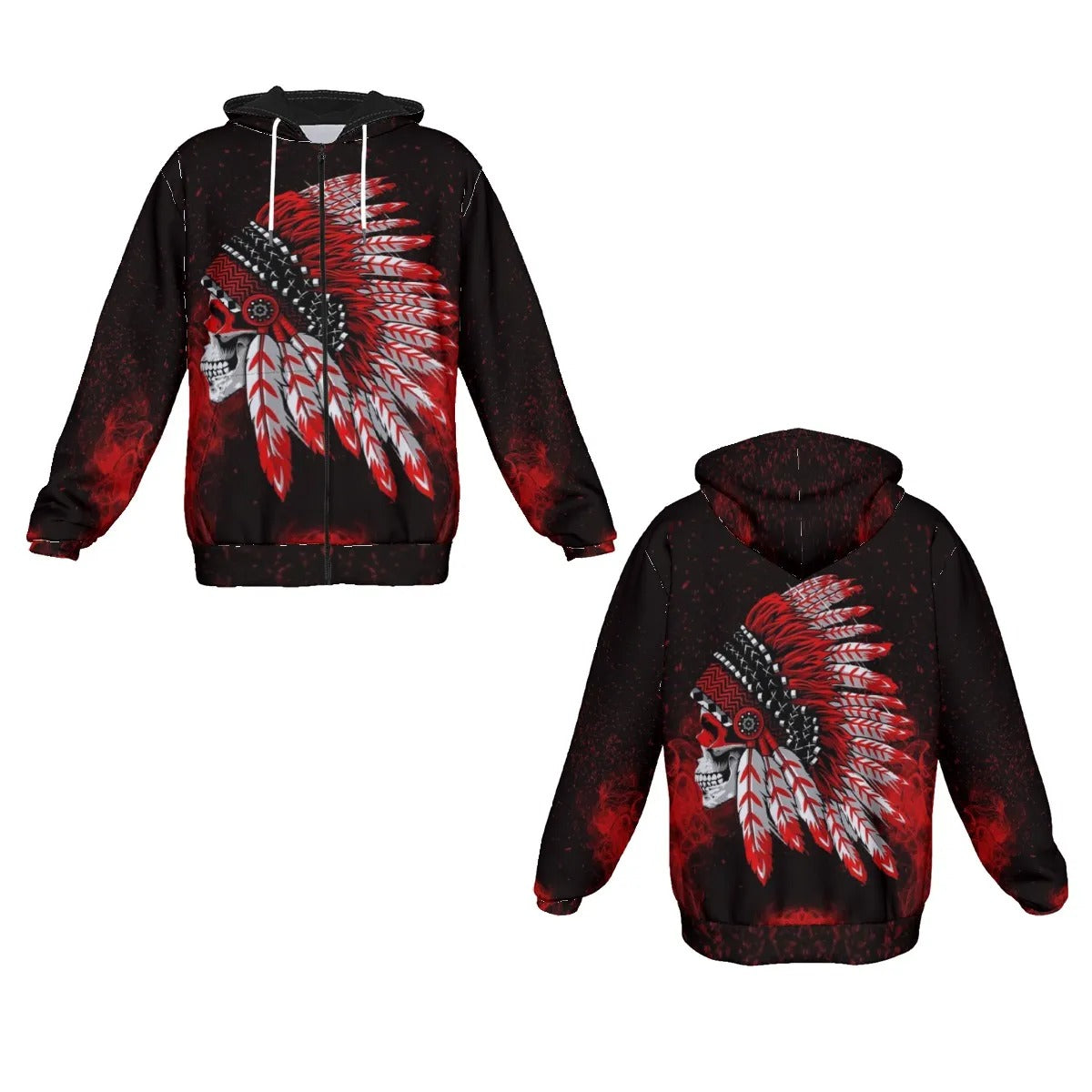 Native American Skull Zip Hoodie, Red Feather Headdress Jacket, Tribal Gothic Hooded Sweatshirt, Red Smoke Graphic Zip-Up, Warrior Biker Style