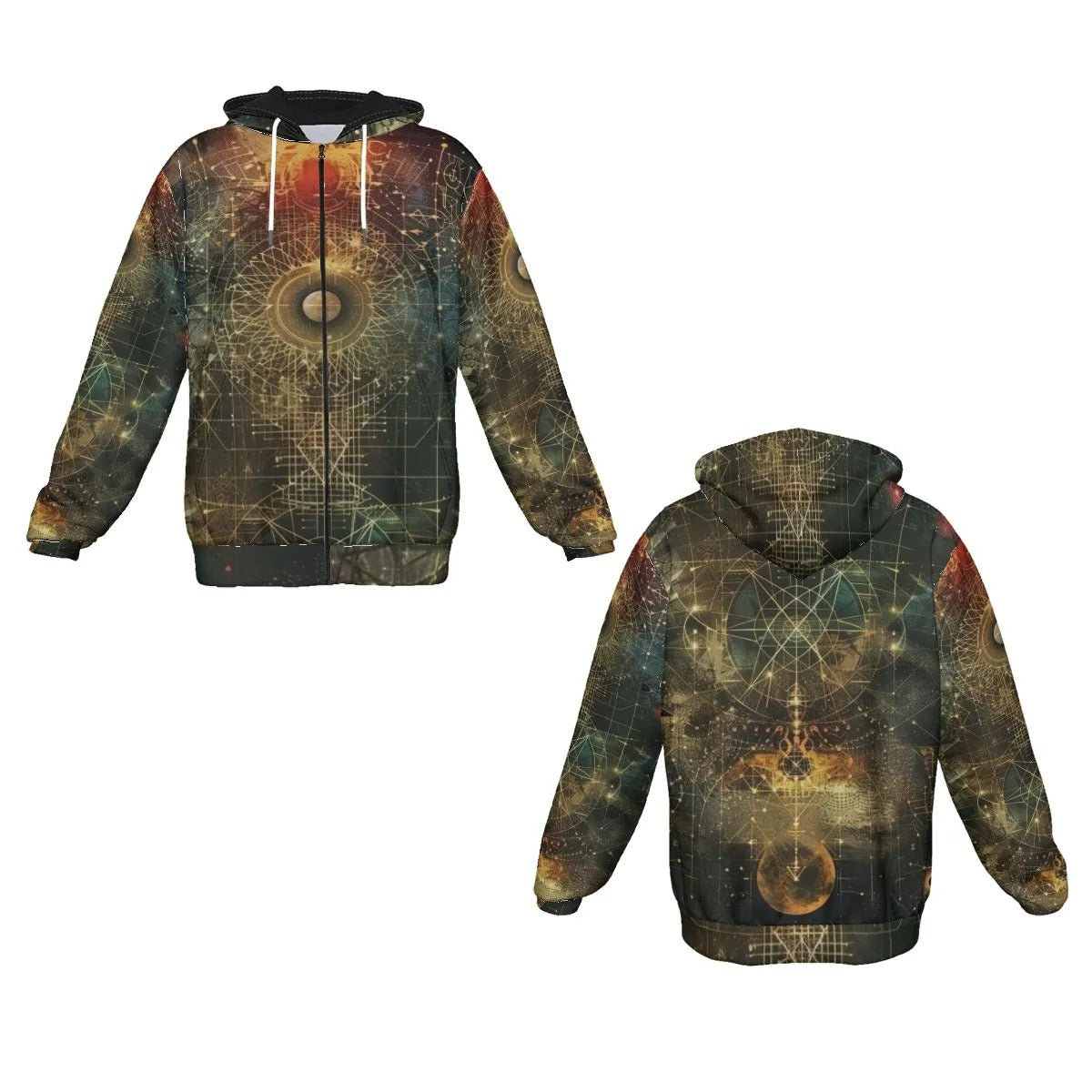 Celestial Alchemy Zip Hoodie – Sacred Geometry Jacket with Cosmic Energy Design for Starseeds & Spiritual Souls