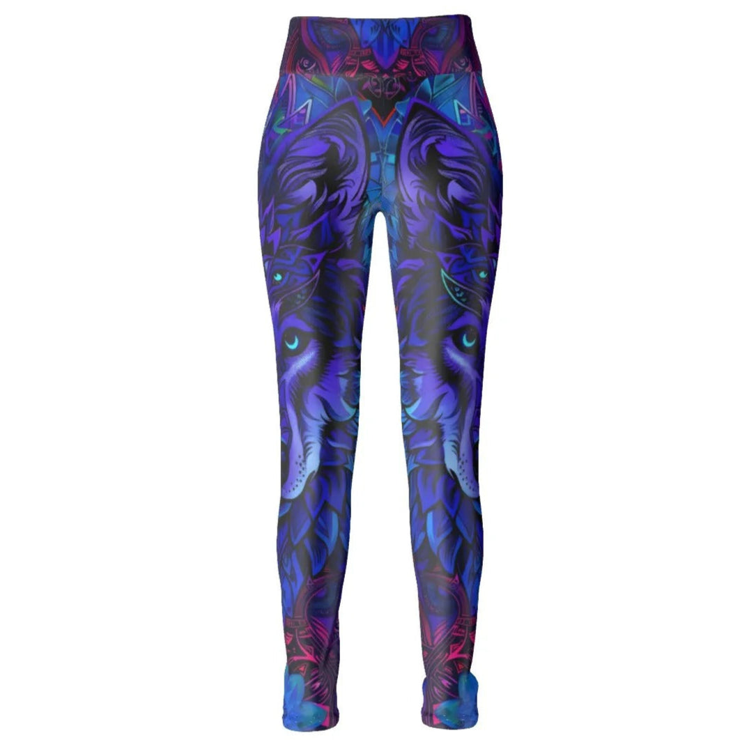 Wolf Mandala High Waist Leggings for Women, Tribal Spirit Animal Yoga Pants with Blue Violet Geometric Wolf Design