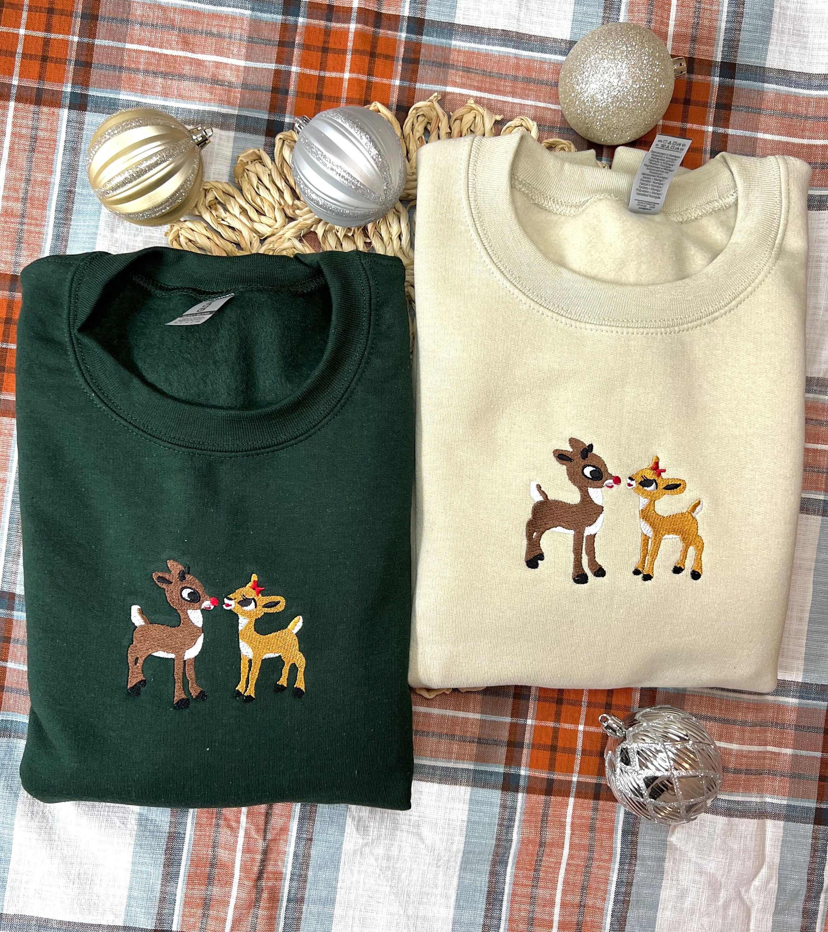 Christmas Embroidered Sweatshirt, Retro Reindeer Design, Rudolph The Red Nose Reindeer and Clarice, Fall Embroidered Sweatshirt. EBAC58