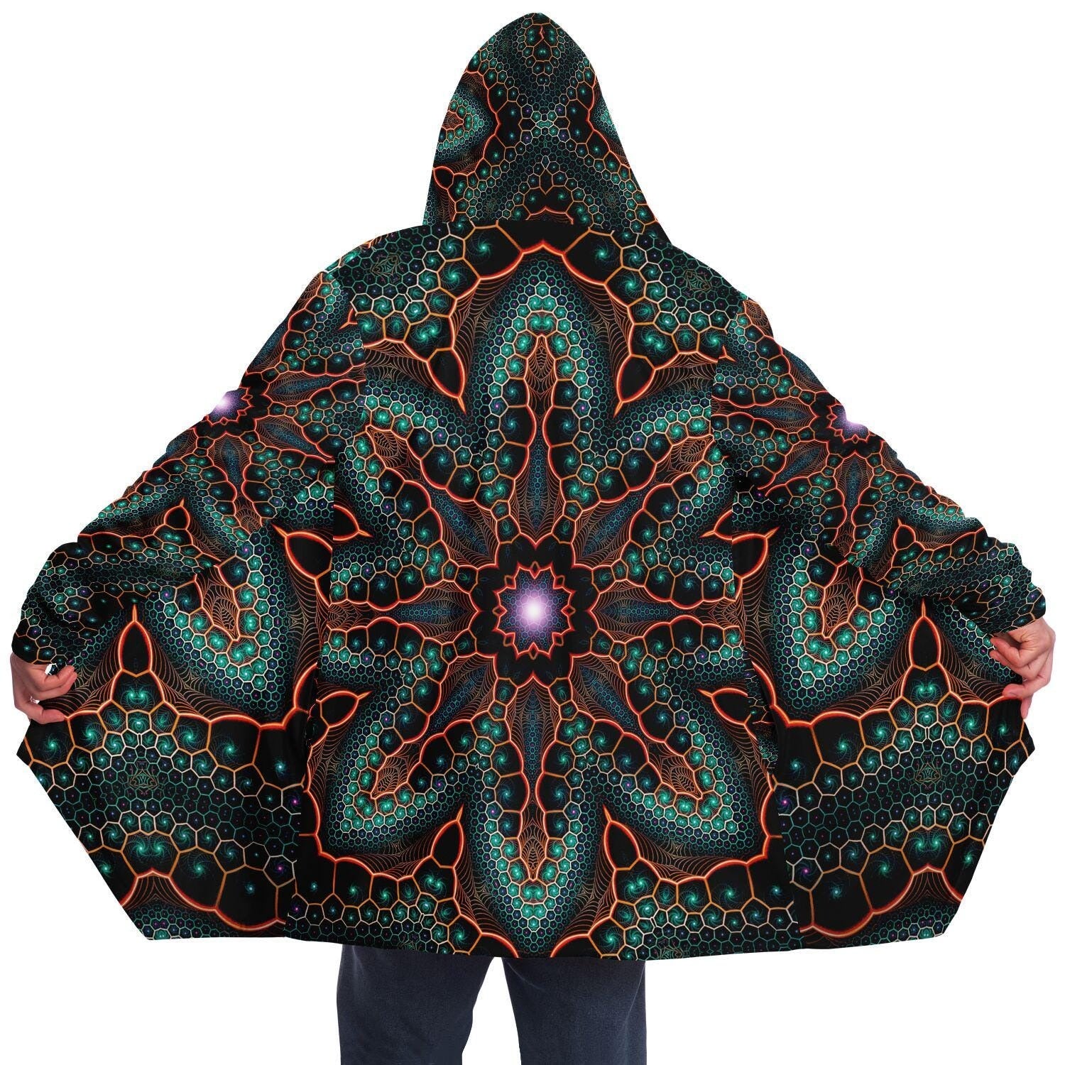 Trippy Fractal Mandala HOODED CLOAK, Psychedelic Festival Hoodie, Vibrant Rave Jacket, Colorful Festival Coat, Wizard Robe, Witch Cape