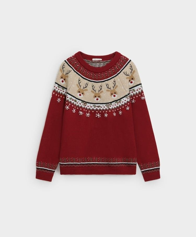 Ugly Christmas Sweater Women, Red Reindeer Knit Pullover, Festive Holiday Jumper With Snowflake Pattern