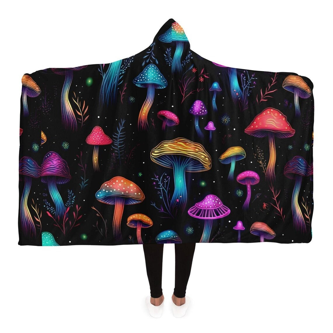 Colorful Neon Mushroom Hooded Blanket, Cozy Fungi Forest Throw, Soft Wearable Blanket for Nature Lovers, Fantasy Mushroom Art Gift. BLKAC63