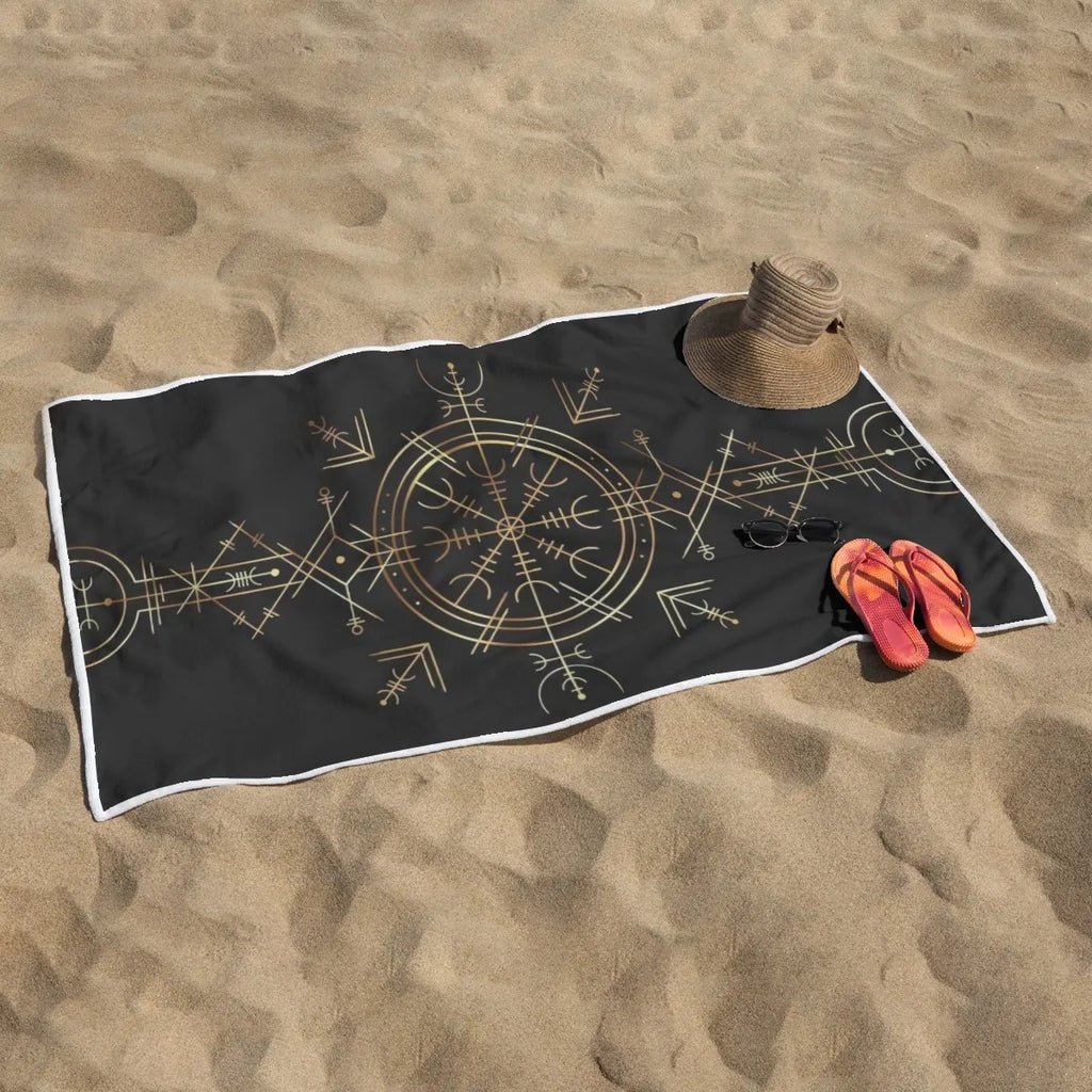 Viking Vegvisir Mysticism Beach Towel, Norse Compass Rune Towel, Nordic Viking Spiritual Towel, Viking Sacred Geometry Beach Gear