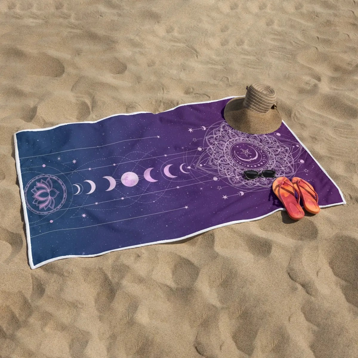 Mystic Lunar Mandala Beach Towel, Moon Phase Spiritual Towel, Celestial Lotus Bath Towel, Sacred Geometry Cosmic Decor, Boho Mystic Style