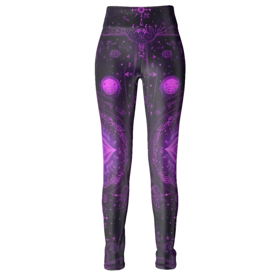 Mystical Fantasy Leggings, Women’s Purple Magic Sigil Yoga Pants with Witchy Symbols & Cosmic Energy Design