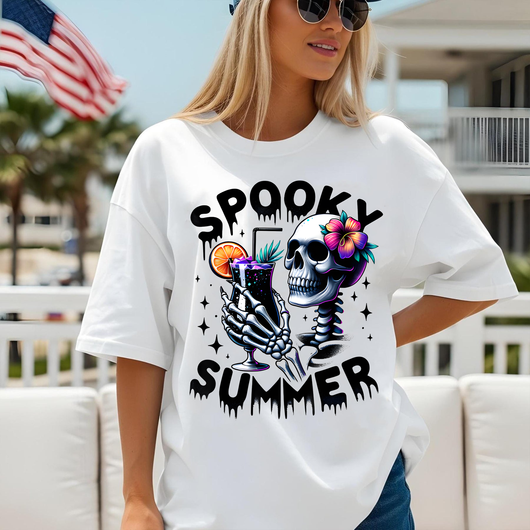 Spooky Summer Funny Skeleton Shirt, Summer Vacation Hawaii Beach T-Shirt, Tropical Skeleton Shirt – Spooky Summer Vibe with Cocktail and Flowers