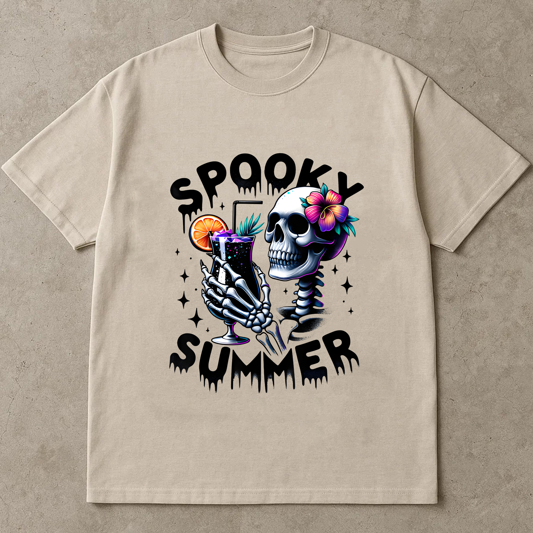 Spooky Summer Funny Skeleton Shirt, Summer Vacation Hawaii Beach T-Shirt, Tropical Skeleton Shirt – Spooky Summer Vibe with Cocktail and Flowers