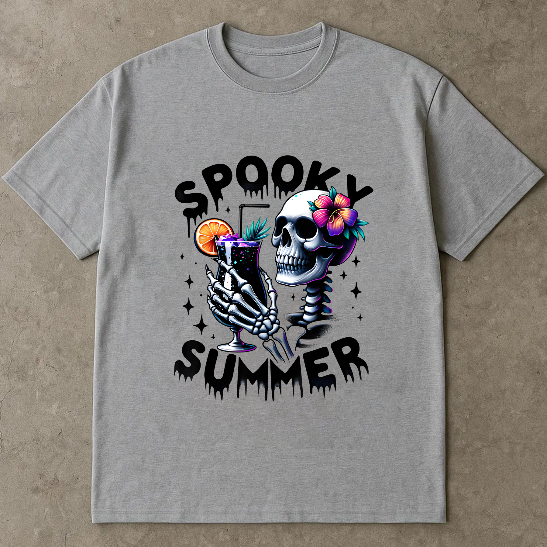 Spooky Summer Funny Skeleton Shirt, Summer Vacation Hawaii Beach T-Shirt, Tropical Skeleton Shirt – Spooky Summer Vibe with Cocktail and Flowers