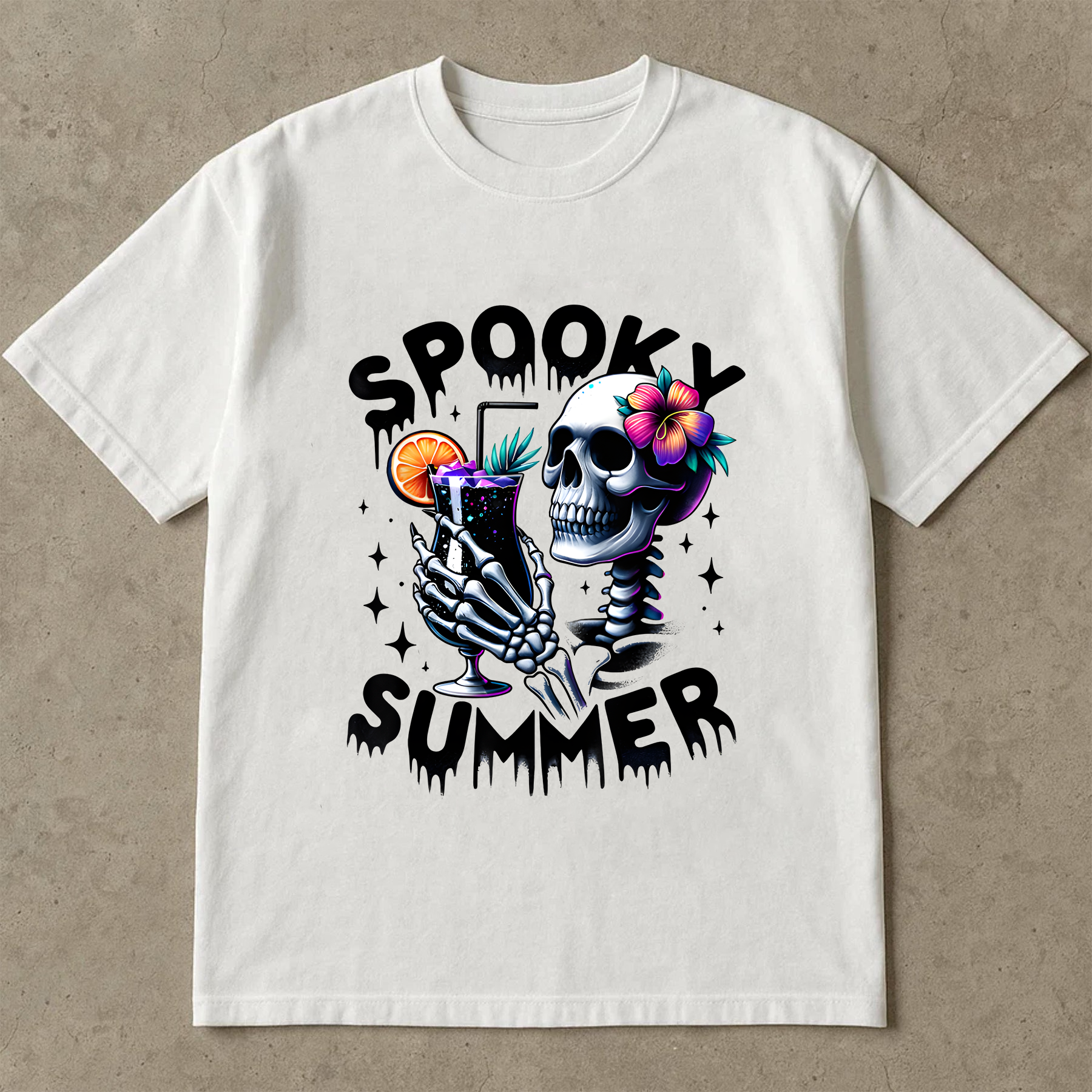 Spooky Summer Funny Skeleton Shirt, Summer Vacation Hawaii Beach T-Shirt, Tropical Skeleton Shirt – Spooky Summer Vibe with Cocktail and Flowers