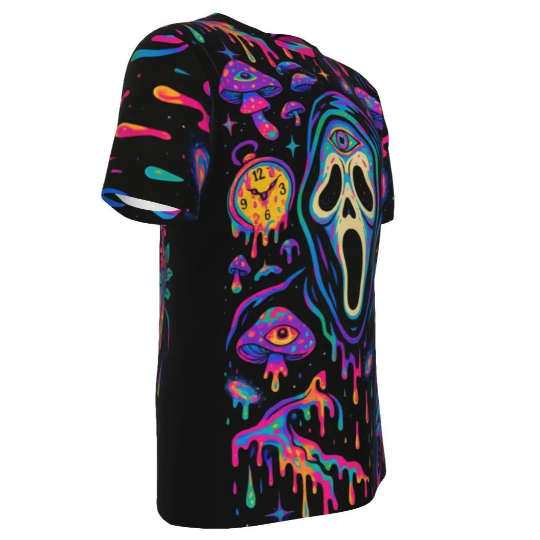 Psychedelic Halloween Mushrooms T-Shirt, Trippy Neon Mushroom Tee, Horror Halloween Shirt, Ghostface Scream Art Top, Spooky Festival Apparel