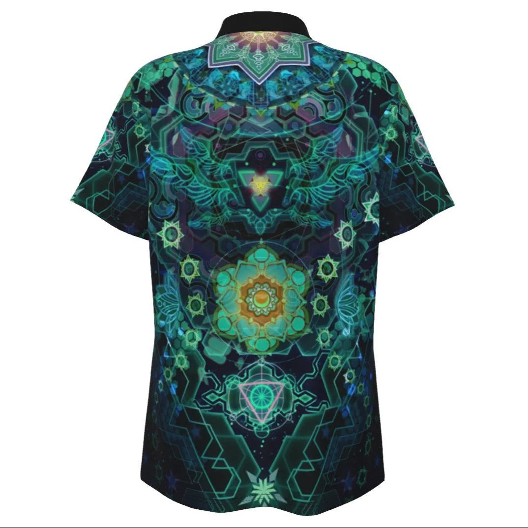 Women’s Yantric Geometry Polo Shirt, Sacred Mandala Energy Top with Spiritual Symbols & Meditation, Inspired Art Design