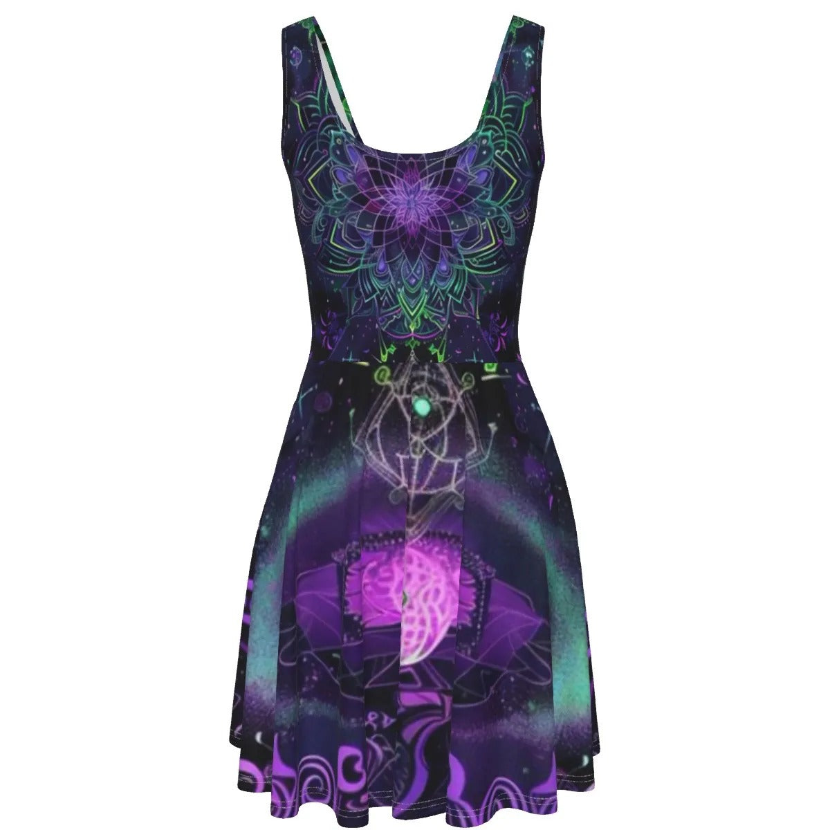 Women’s Mystic Aesthetic Dress, Psychedelic Print, Festival Dress, Boho Style, Vibrant Colors, Sleeveless Dress, Summer Fashion