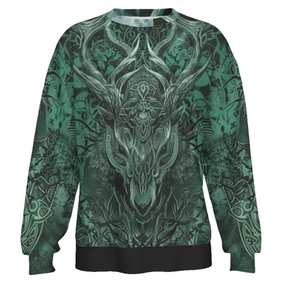 Viking Sweatshirt with Antler Design For Men – Norse Mythology Inspired Crewneck, Tribal Graphic Winter Wear, Medieval Fantasy Clothing