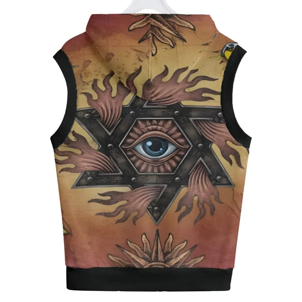 Mystic Eye Mandala Sleeveless Hoodie, Sacred Geometry Pullover Tank Hoodie, Visionary Art Festival Streetwear, Esoteric Spiritual Gym Top