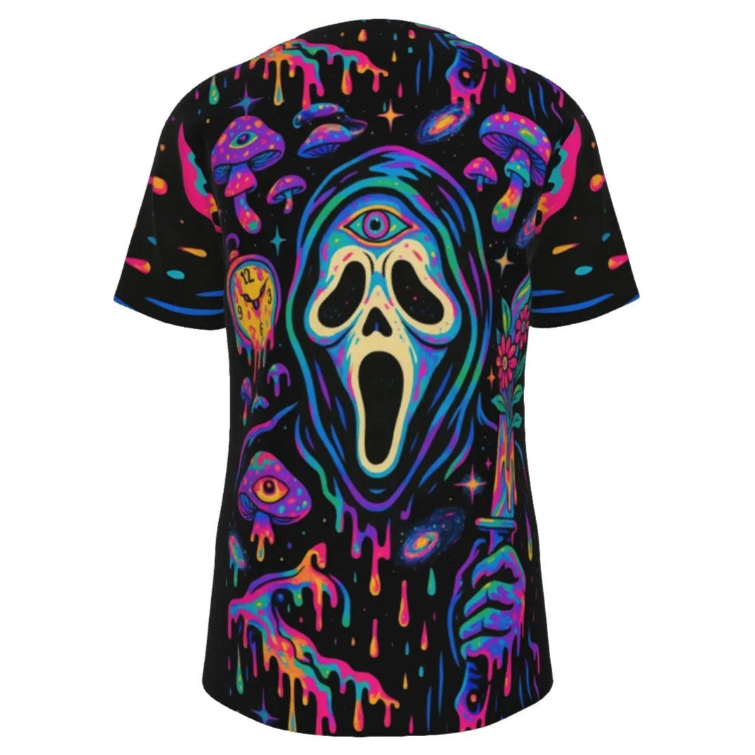 Psychedelic Halloween Mushrooms Custom T Shirts, Halloween Costume Ideas, Trippy Neon Mushroom Tee, Horror Halloween Shirt, Ghostface Scream Art Top, Spooky Festival Apparel