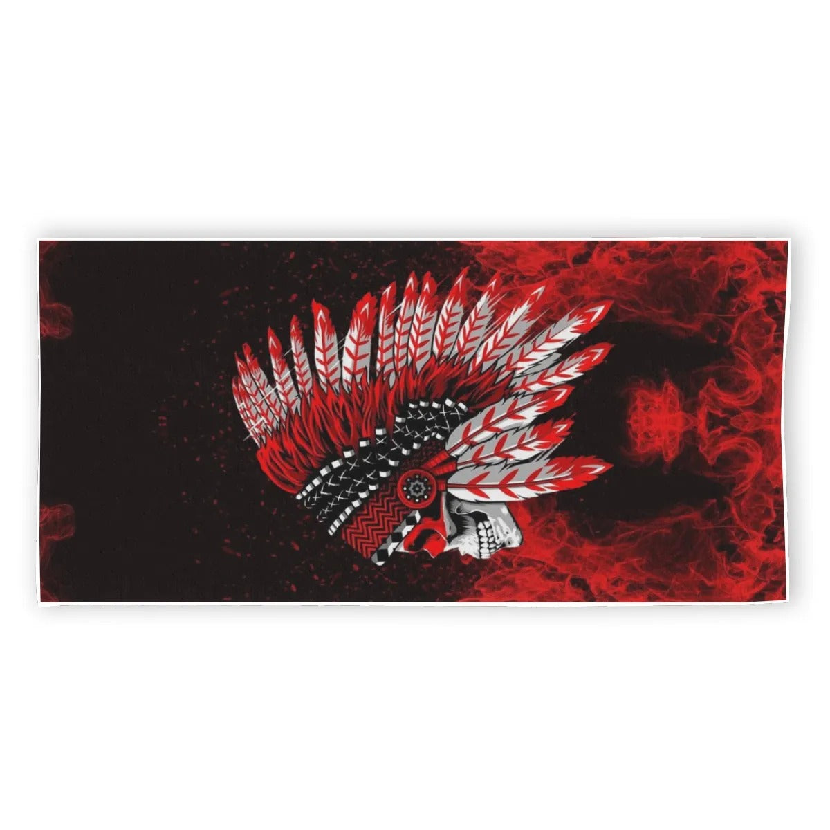 Native American Skull Beach Towel, Red Feather Headdress Towel, Tribal Gothic Bath Towel, Red Smoke Graphic, Warrior Biker Style