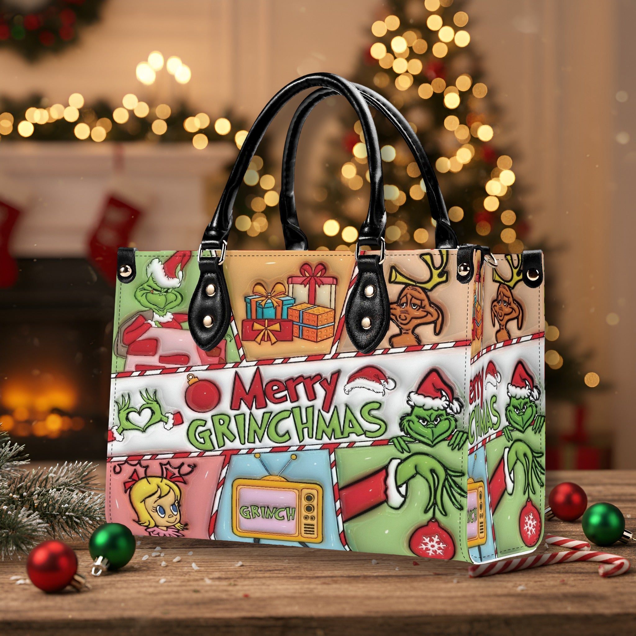Merry Christmas Cartoon Handbag, Festive Holiday Tote Bag, Colorful Xmas Purse, Cute Winter Shoulder Bag Gift