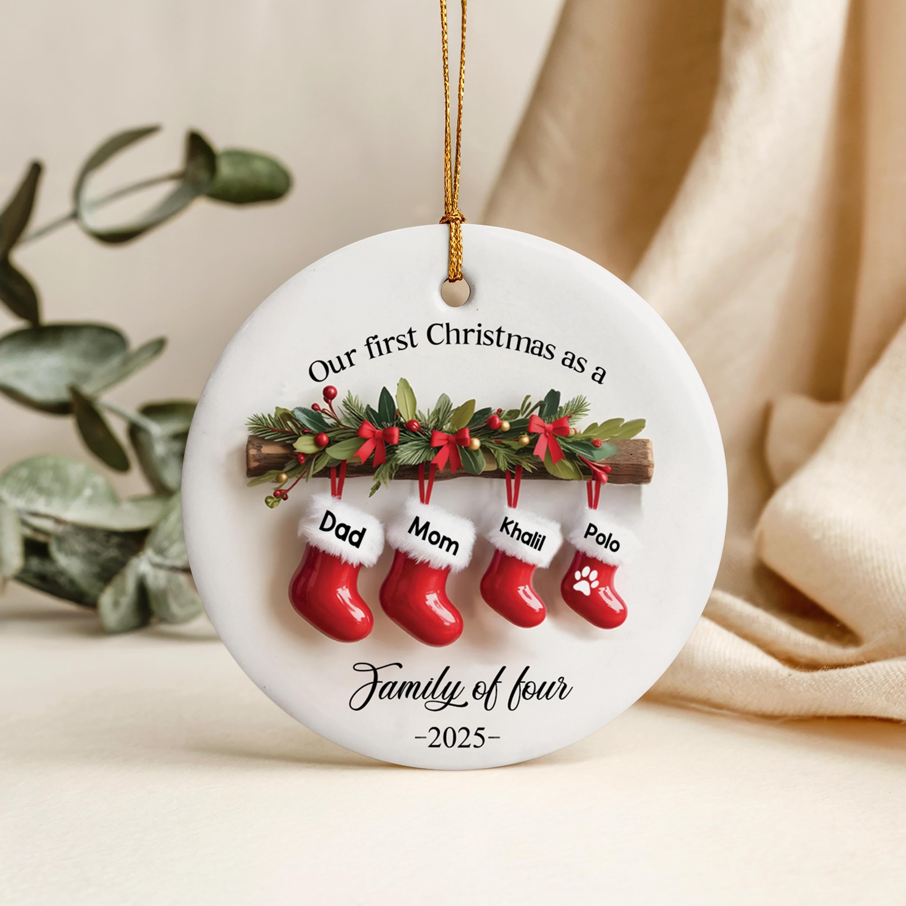 Personalized Family of Three Ceramic Christmas Ornament 2025, Custom New Family Ornament, Baby's First Christmas Ornament