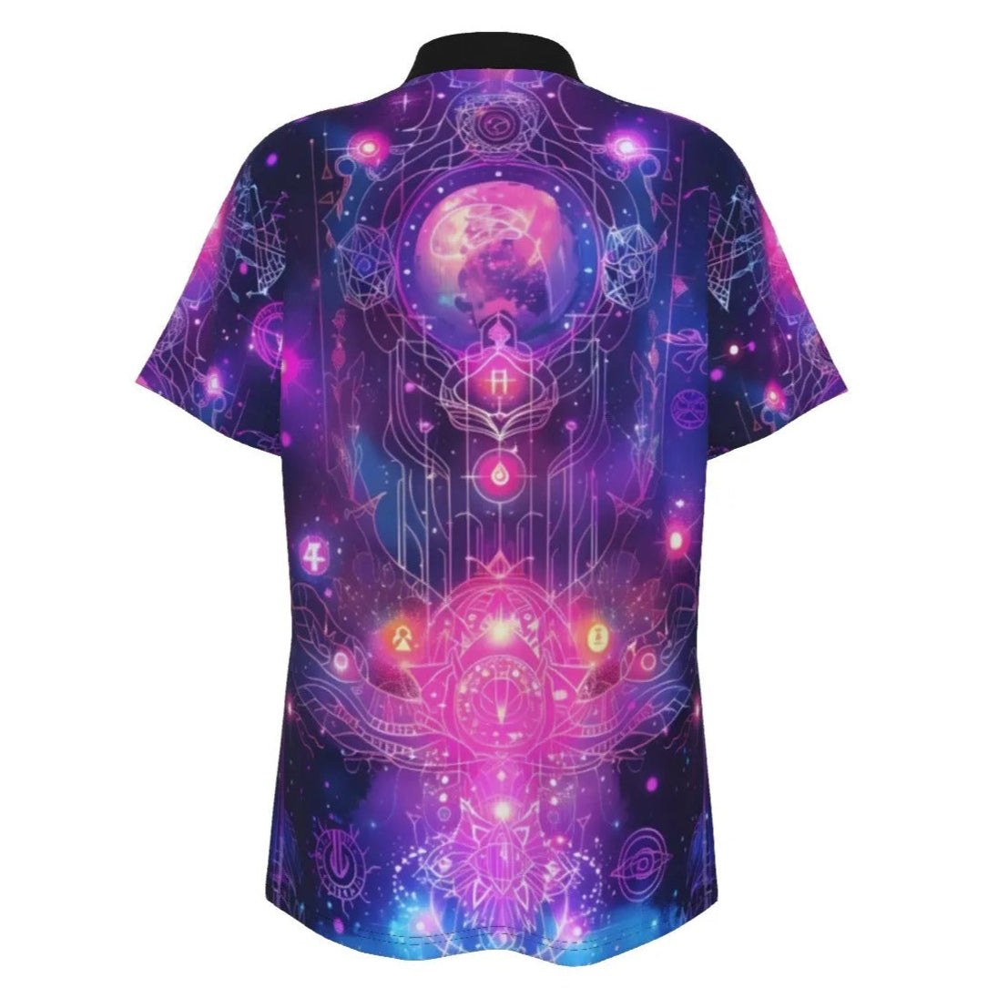 Women’s Cosmic Mandala Polo Shirt, Spiritual Galaxy Pattern with Sacred Geometry, Mystical Energy Symbols & Planet Art